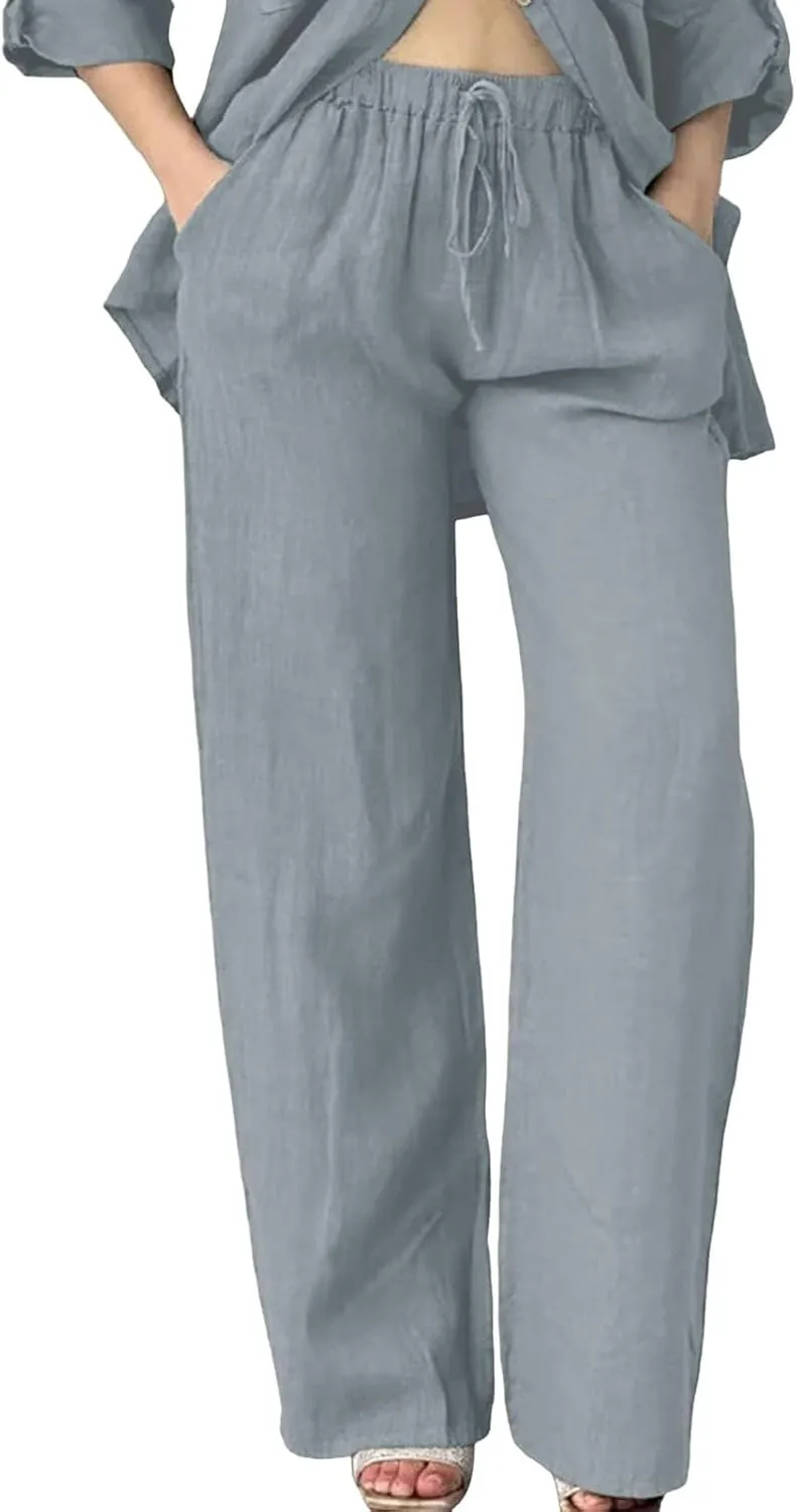 Womens Casual Lightweight Linen Pants Casual Elastic Drawstring Cotton Pants Baggy Comfort Trousers with Pocket