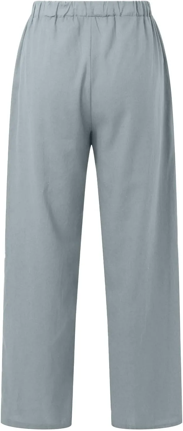 Womens Casual Lightweight Linen Pants Casual Elastic Drawstring Cotton Pants Baggy Comfort Trousers with Pocket