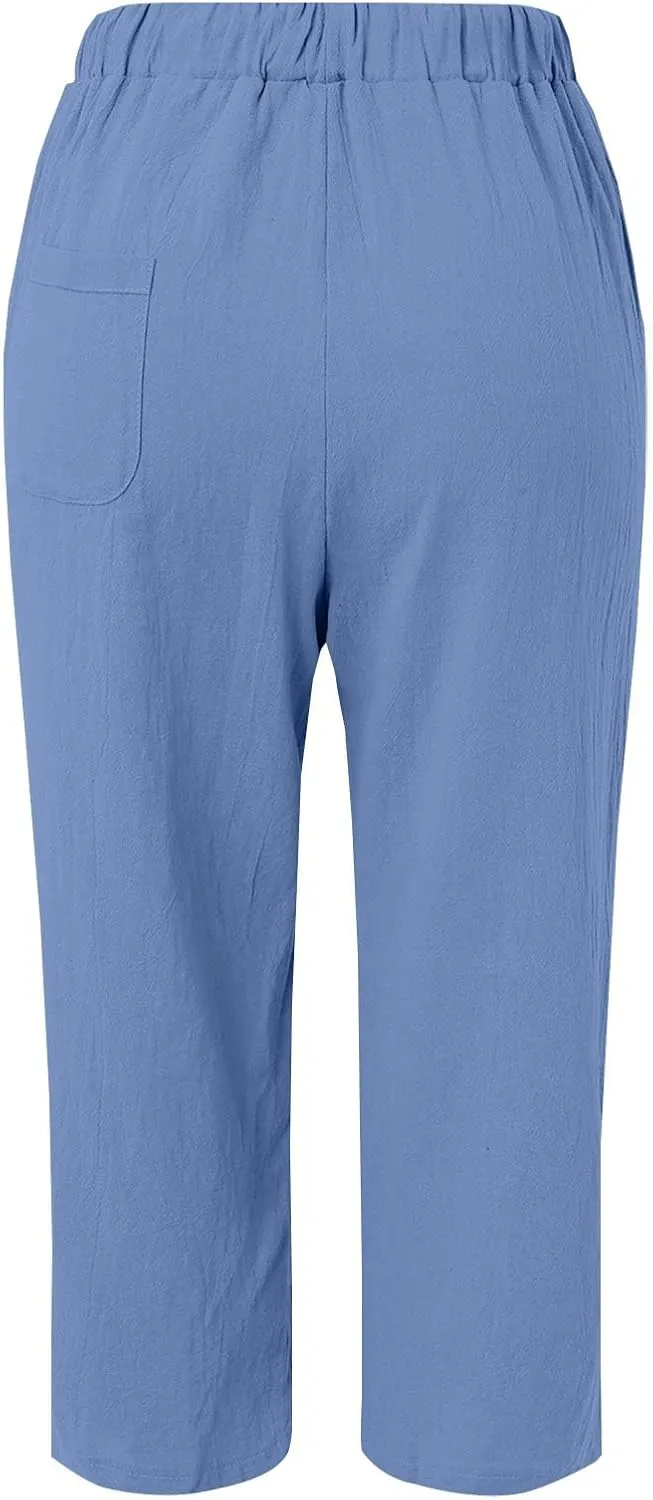 Womens Casual Linen High Waist Pants Elastic Seven Pants Beach Casual Cotton Linen Casual Summer 2025 Straight Wide Leg