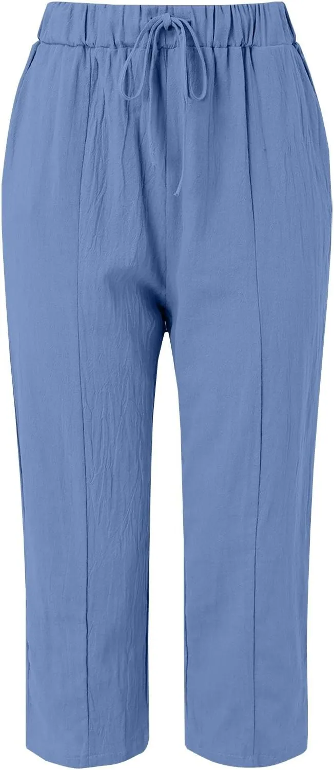 Womens Casual Linen High Waist Pants Elastic Seven Pants Beach Casual Cotton Linen Casual Summer 2025 Straight Wide Leg