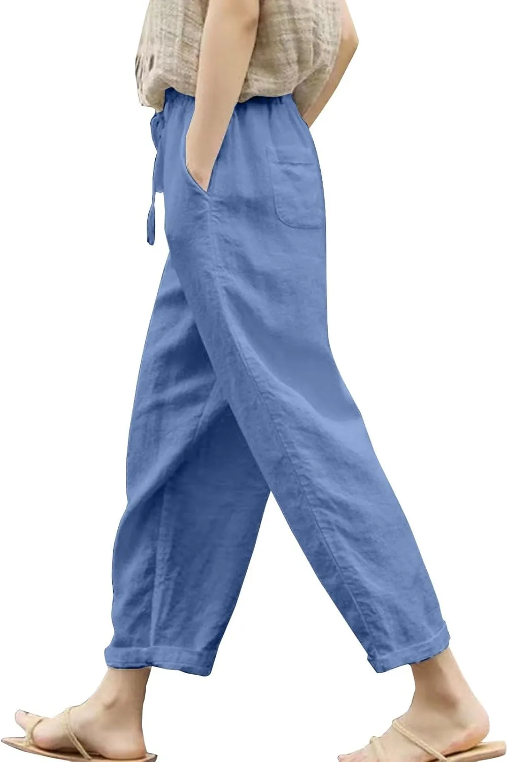 Womens Casual Linen High Waist Pants Elastic Seven Pants Beach Casual Cotton Linen Casual Summer 2025 Straight Wide Leg