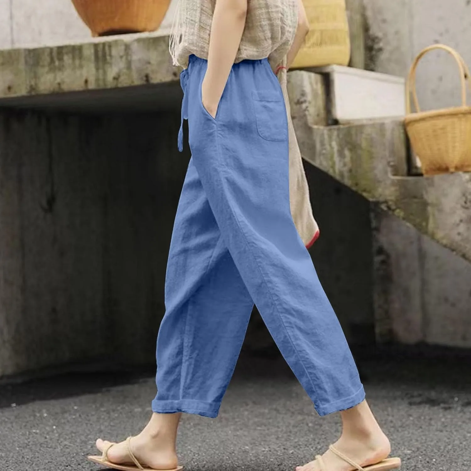 Womens Casual Linen High Waist Pants Elastic Seven Pants Beach Casual Cotton Linen Casual Summer 2025 Straight Wide Leg