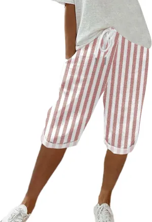Womens Casual Linen High Waist Pants Vintage Floral Print Casual Plus Size Trendy Striped Spring Summer Gauze Pants