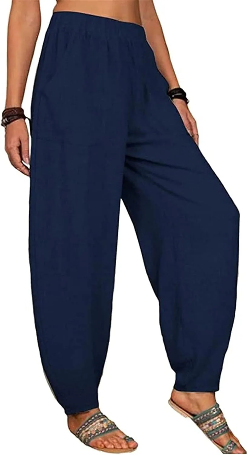 Womens Cotton Linen Palazzo Pants Pants Waist Casual Loose Trousers Drawstring Elastic Waist Casual Wide Leg