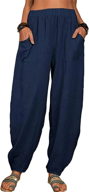 Womens Cotton Linen Palazzo Pants Pants Waist Casual Loose Trousers Drawstring Elastic Waist Casual Wide Leg