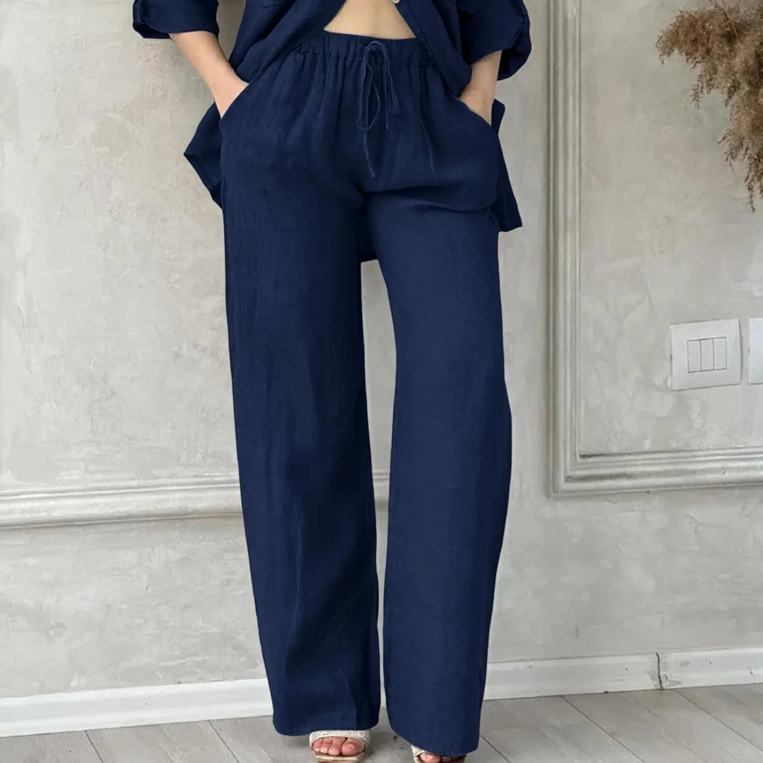 Womens Cotton Linen Pants Pants Casual Drawstring Elastic Trousers Comfy Straight Leg Long with Pockets Casual