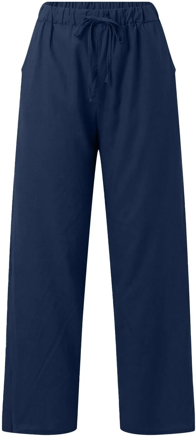 Womens Cotton Linen Pants Pants Casual Drawstring Elastic Trousers Comfy Straight Leg Long with Pockets Casual