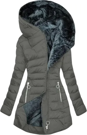 Women's Down Jacket Fleece Lined Zip Up Fur Hooded Coat Waterproof Thick Quilted Jacket Oversize Warm Trench Coat
