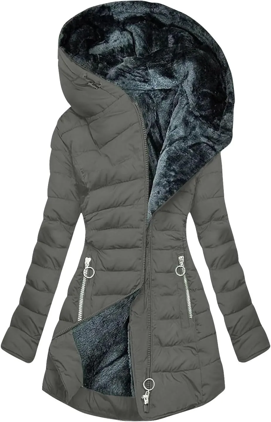 Women's Down Jacket Fleece Lined Zip Up Fur Hooded Coat Waterproof Thick Quilted Jacket Oversize Warm Trench Coat