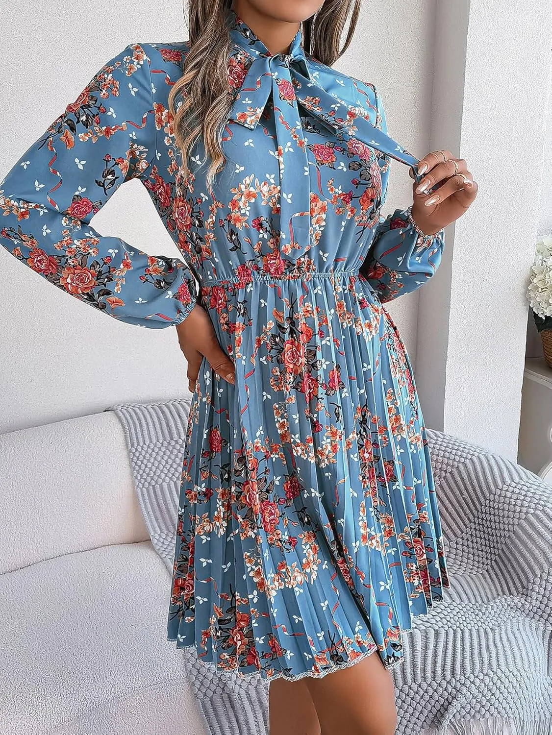 Womens Dresses 2024 Floral V Neck Ruffle Long Sleeve Chiffon Elastic Waist Casual A-Line Mini Dress S~XL