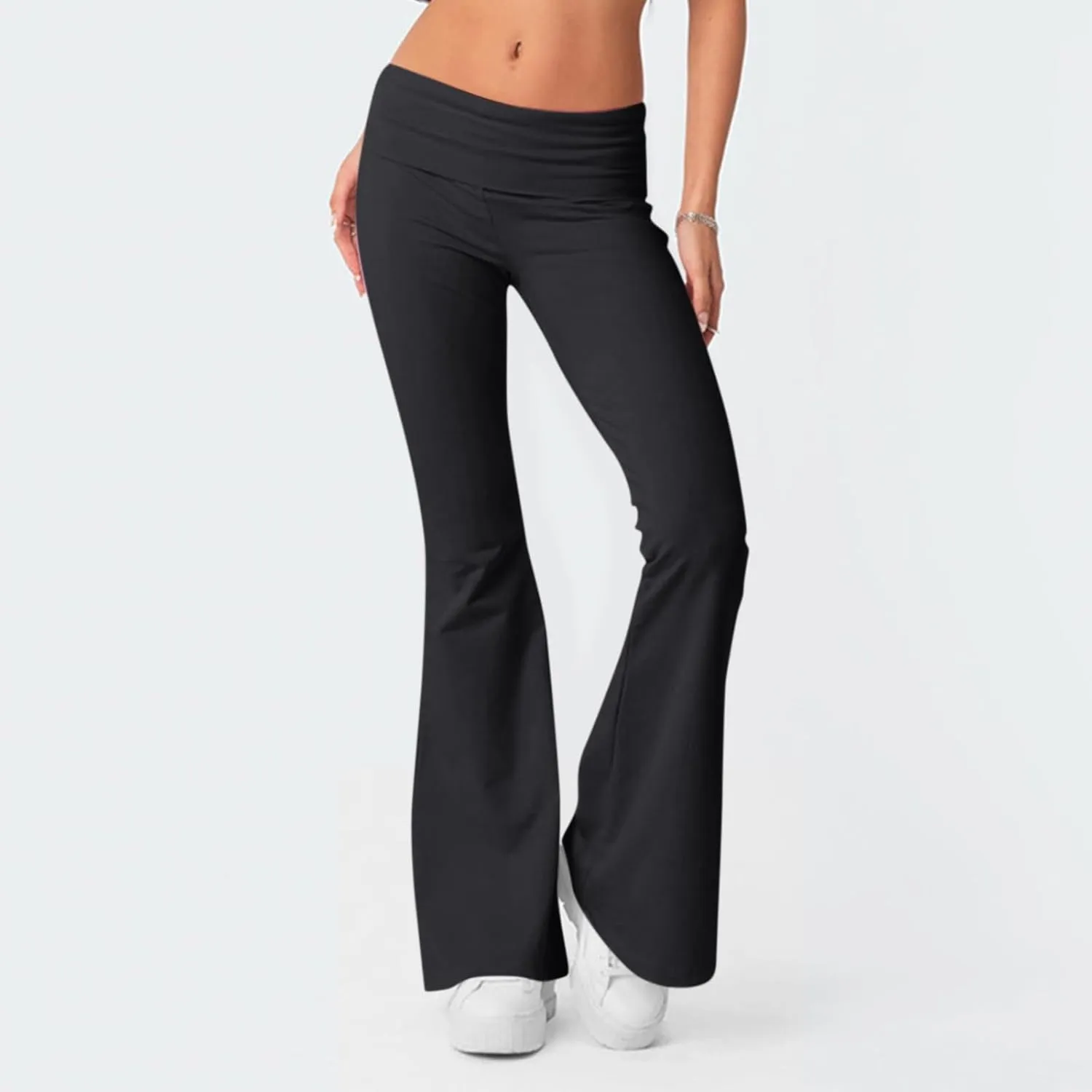 Womens Flare Leggings Fold Over Yoga Pants Y2K Low Rise Wide Leg Sweatpants Bell Bottom Buttery Soft Cotton Leggings