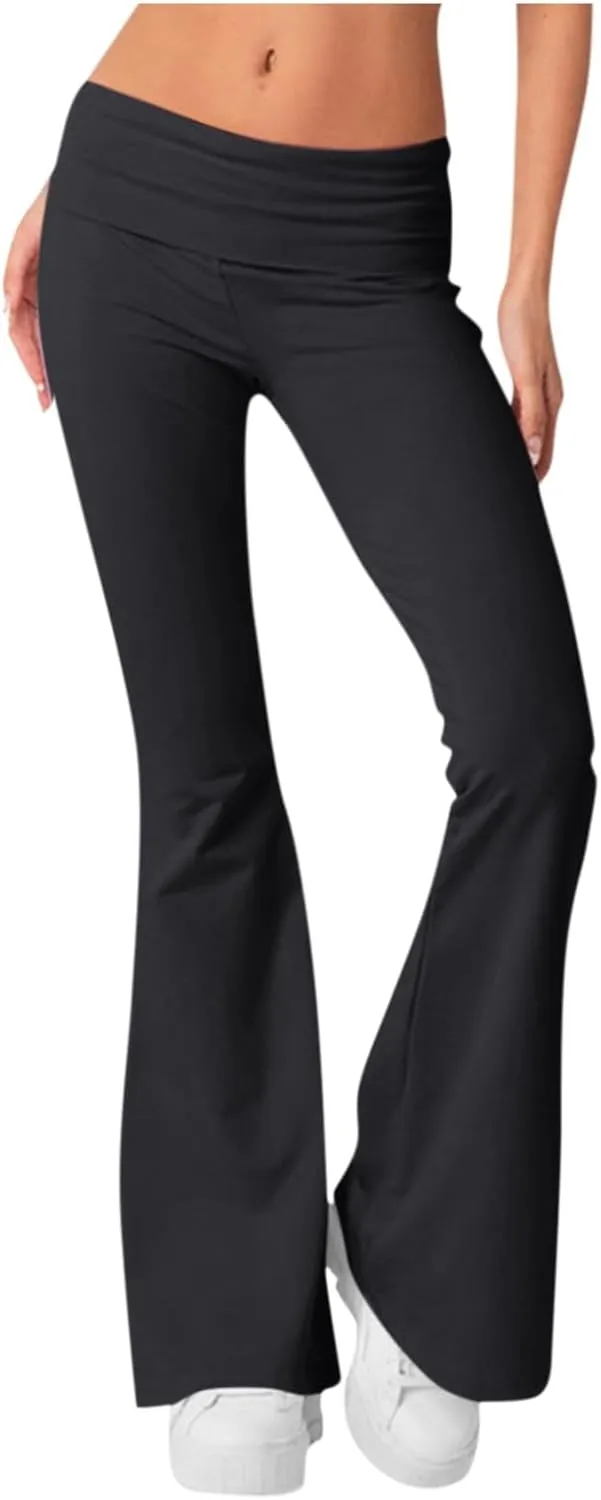 Womens Flare Leggings Fold Over Yoga Pants Y2K Low Rise Wide Leg Sweatpants Bell Bottom Buttery Soft Cotton Leggings