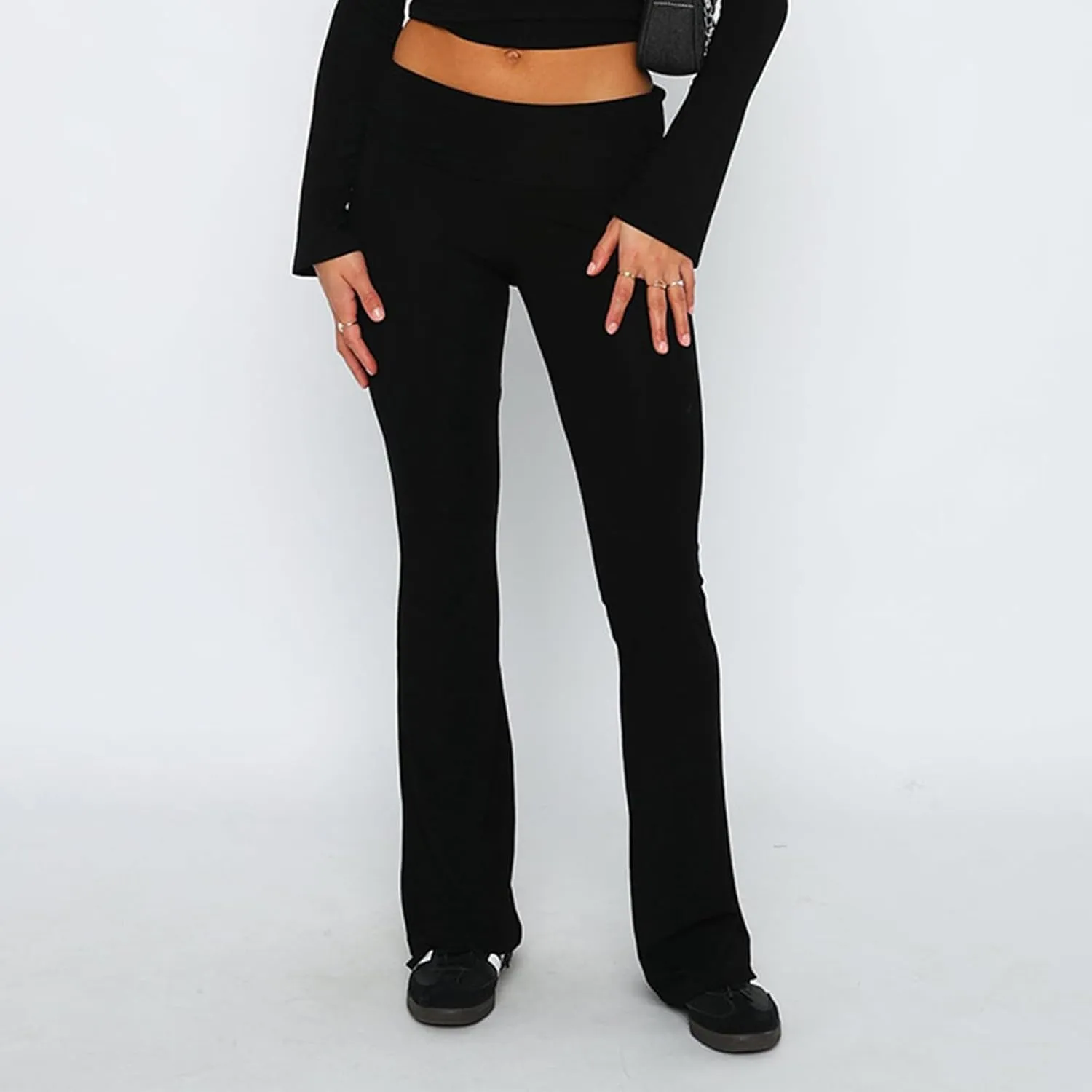 Womens Flare Leggings Fold Over Yoga Pants Y2K Low Rise Wide Leg Sweatpants Bell Bottom Buttery Soft Cotton Leggings