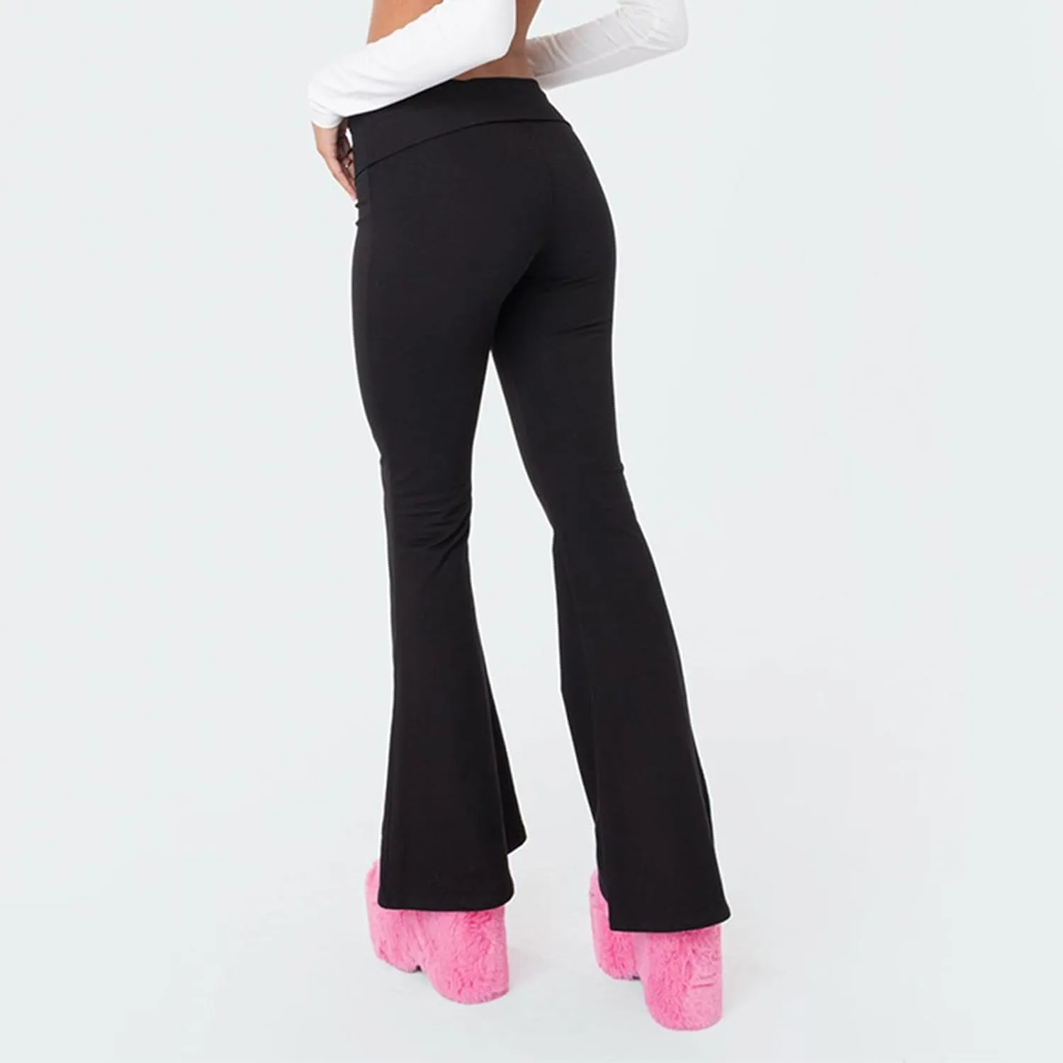 Womens Flare Leggings Fold Over Yoga Pants Y2K Low Rise Wide Leg Sweatpants Bell Bottom Buttery Soft Cotton Leggings
