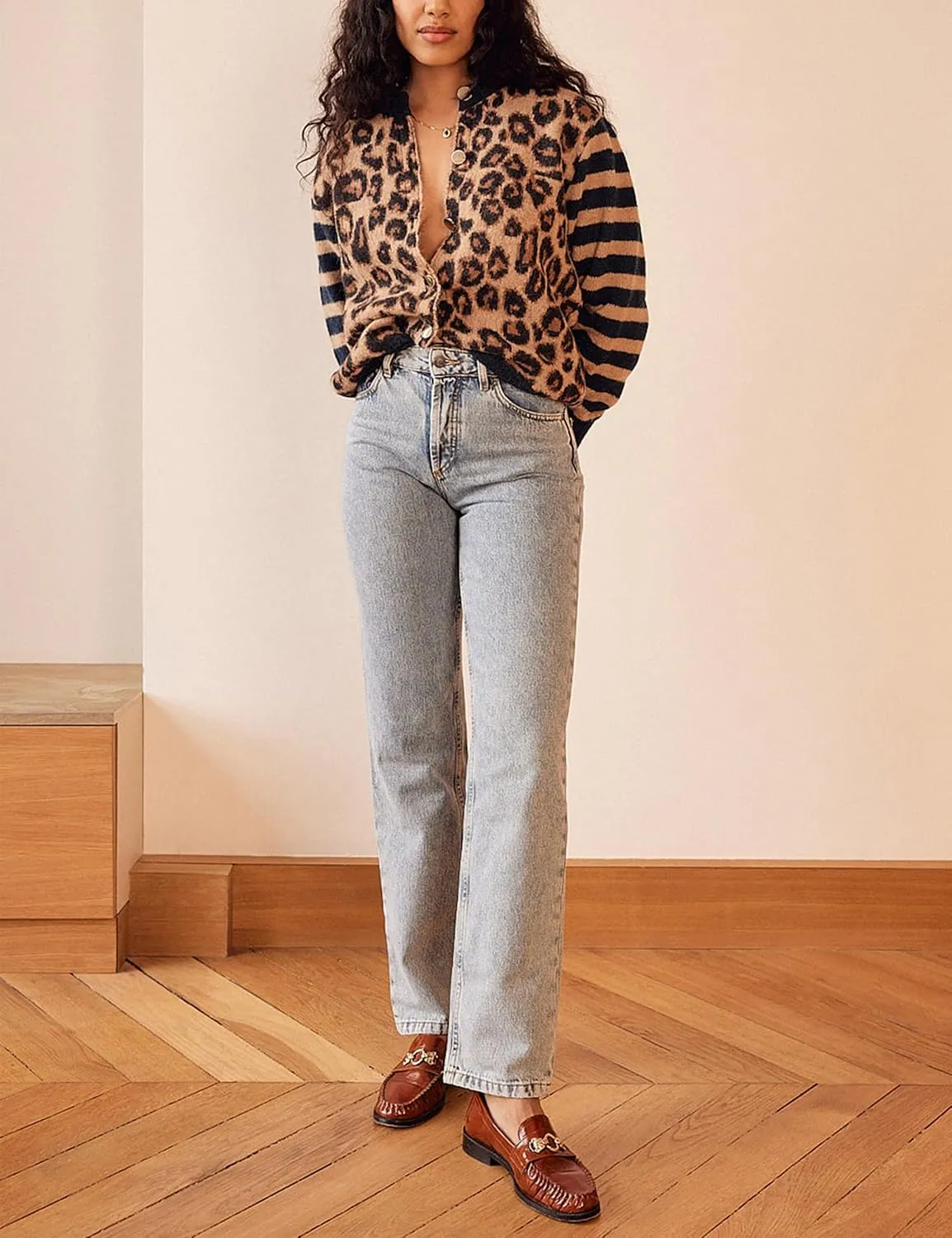 Women's Leopard Striped Cardigan Open Front Color Block Button Down Knit Sweater Fall Cropped Coat