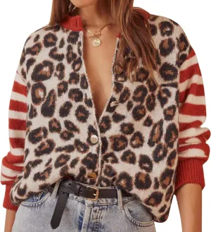 Women's Leopard Striped Cardigan Open Front Color Block Button Down Knit Sweater Fall Cropped Coat