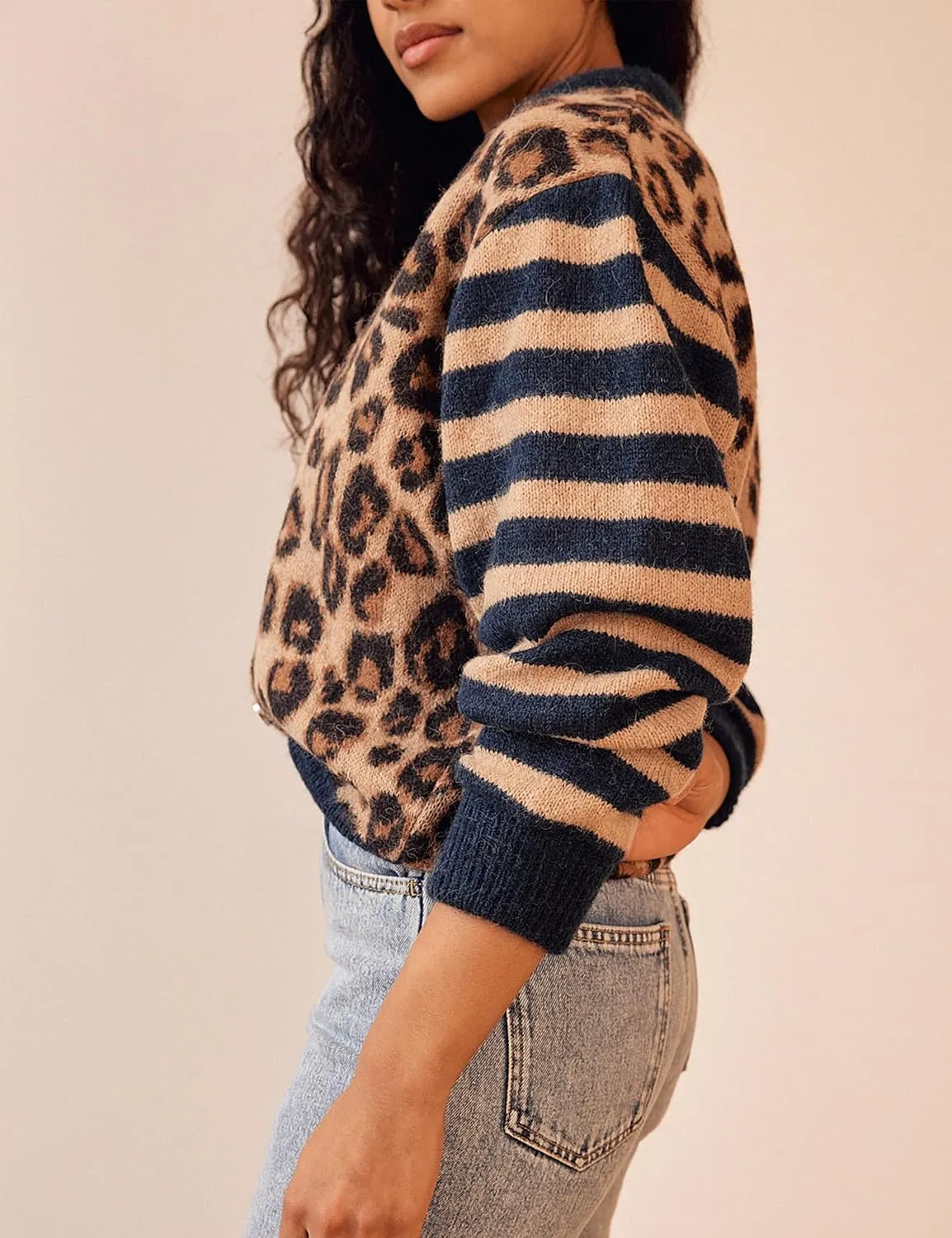 Women's Leopard Striped Cardigan Open Front Color Block Button Down Knit Sweater Fall Cropped Coat