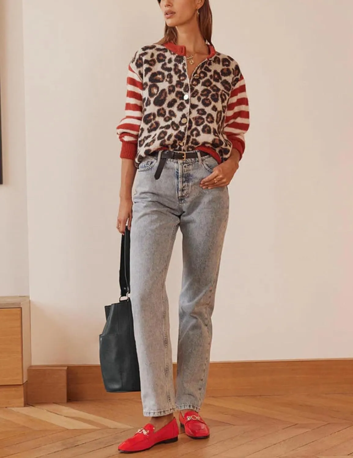 Women's Leopard Striped Cardigan Open Front Color Block Button Down Knit Sweater Fall Cropped Coat