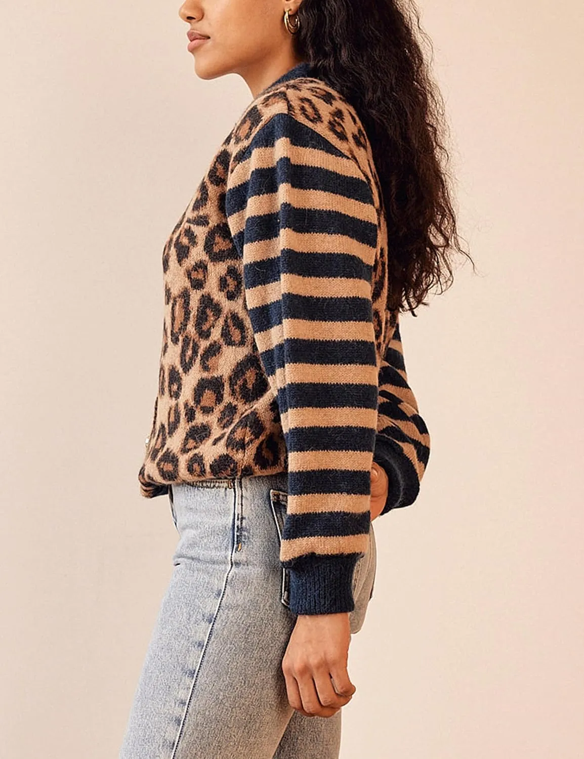 Women's Leopard Striped Cardigan Open Front Color Block Button Down Knit Sweater Fall Cropped Coat