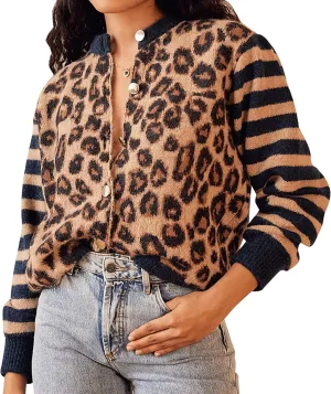 Women's Leopard Striped Cardigan Open Front Color Block Button Down Knit Sweater Fall Cropped Coat