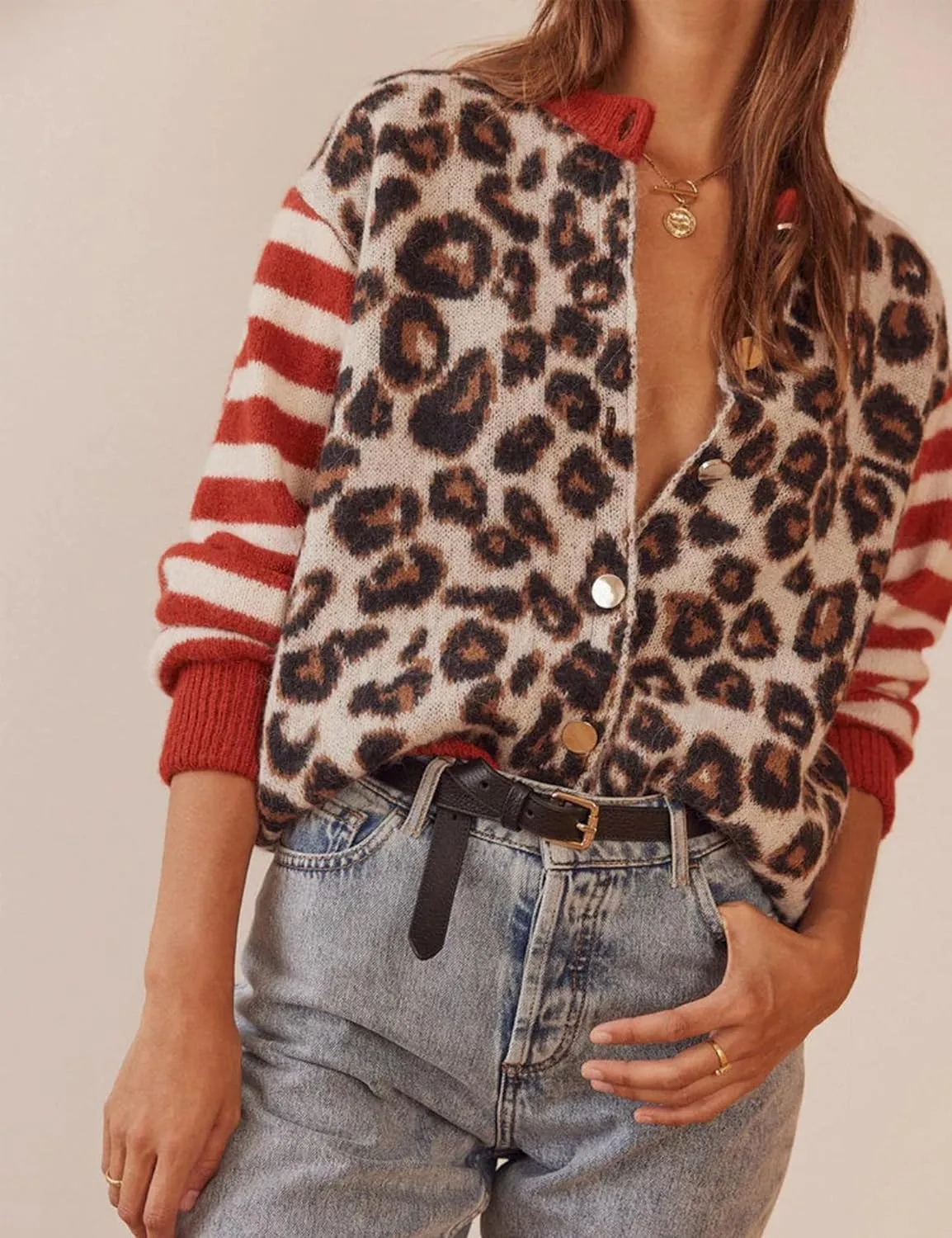 Women's Leopard Striped Cardigan Open Front Color Block Button Down Knit Sweater Fall Cropped Coat