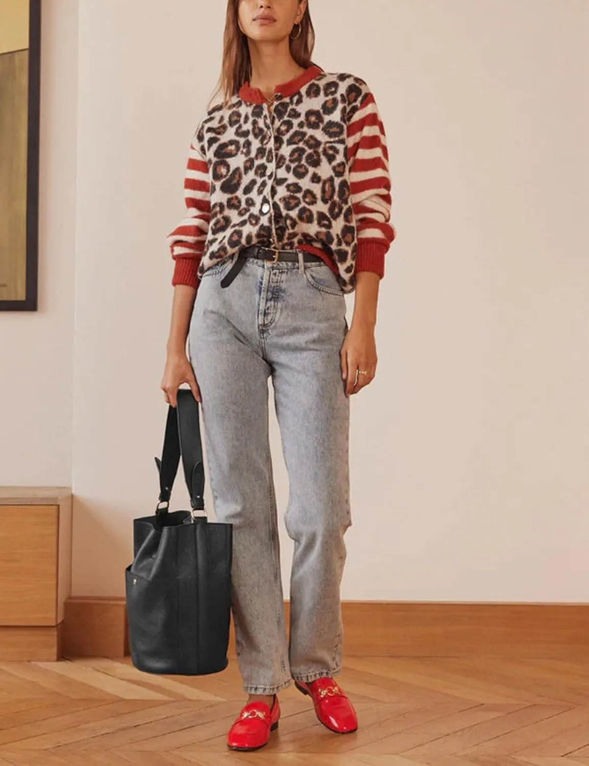 Women's Leopard Striped Cardigan Open Front Color Block Button Down Knit Sweater Fall Cropped Coat