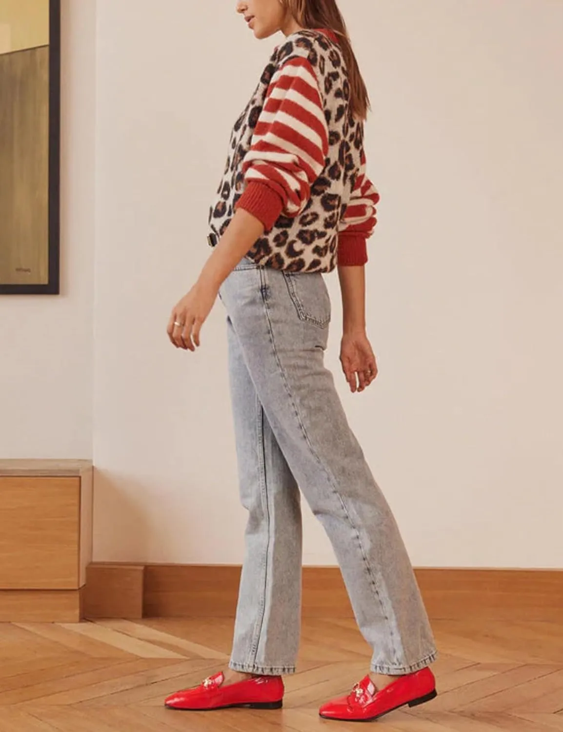 Women's Leopard Striped Cardigan Open Front Color Block Button Down Knit Sweater Fall Cropped Coat