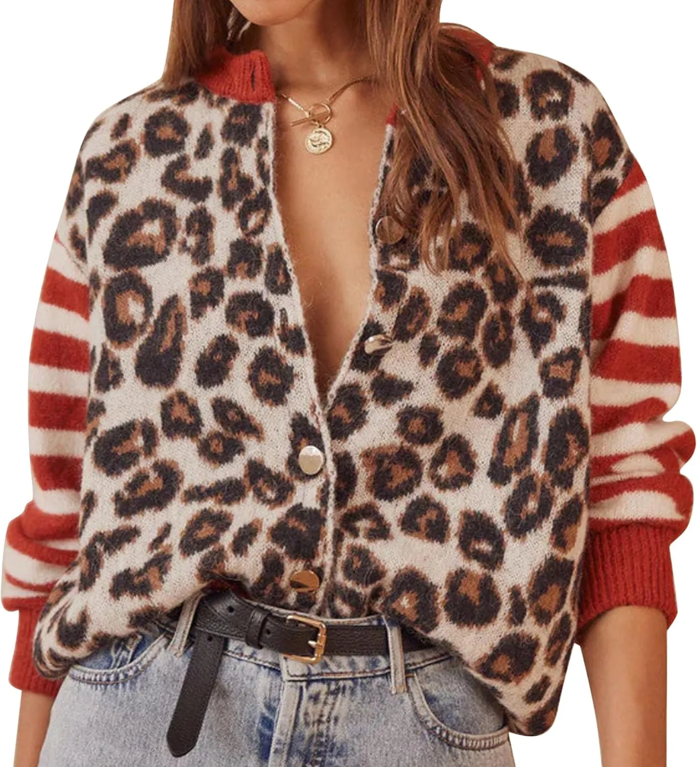 Women's Leopard Striped Cardigan Open Front Color Block Button Down Knit Sweater Fall Cropped Coat
