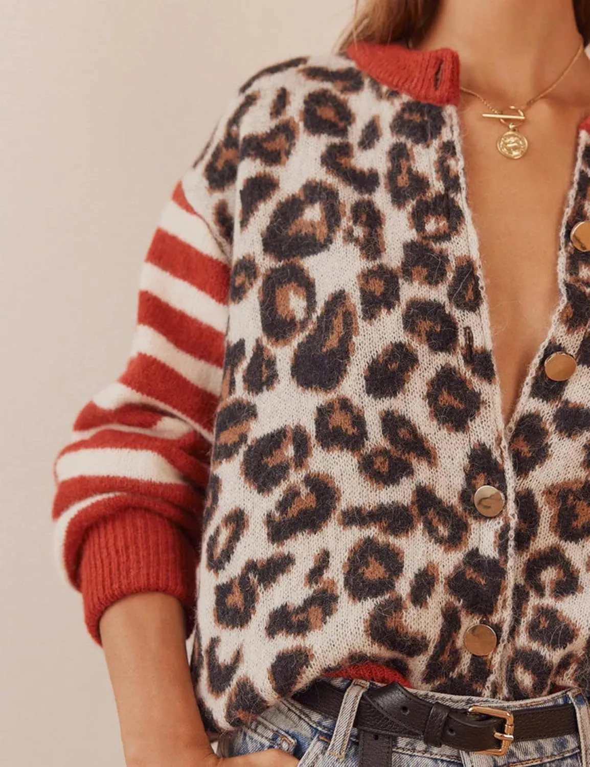Women's Leopard Striped Cardigan Open Front Color Block Button Down Knit Sweater Fall Cropped Coat