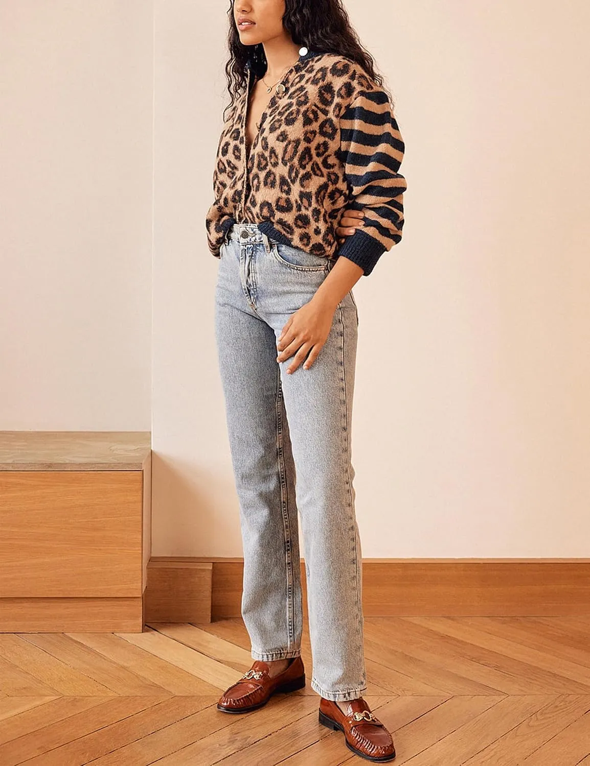Women's Leopard Striped Cardigan Open Front Color Block Button Down Knit Sweater Fall Cropped Coat
