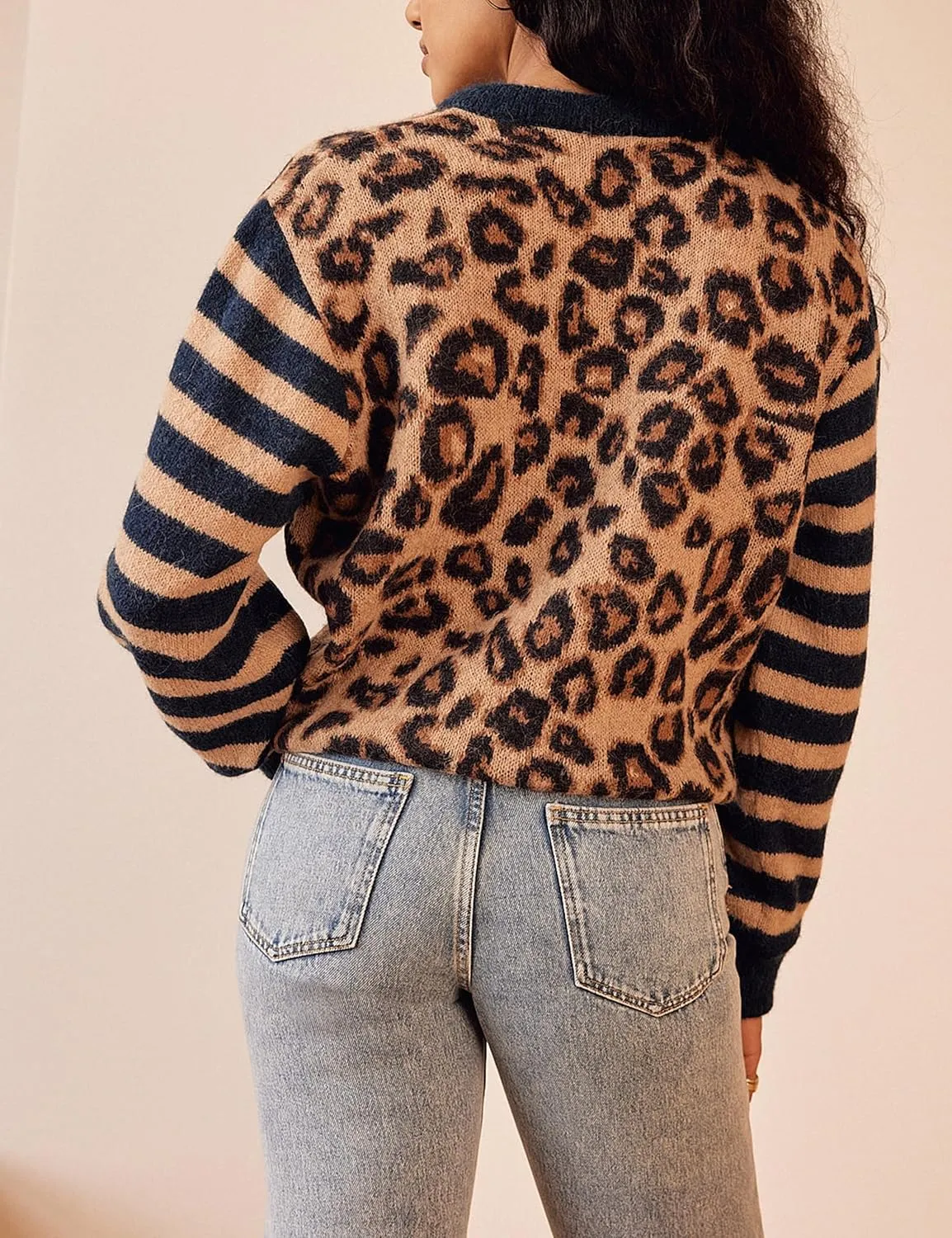 Women's Leopard Striped Cardigan Open Front Color Block Button Down Knit Sweater Fall Cropped Coat