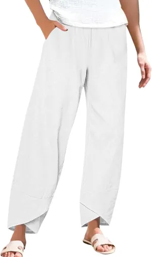 Women's Linen Palazzo Pants Leg Pants Elastic Drawstring Casual Trousers with Pockets Summer Beach Casual Lounge