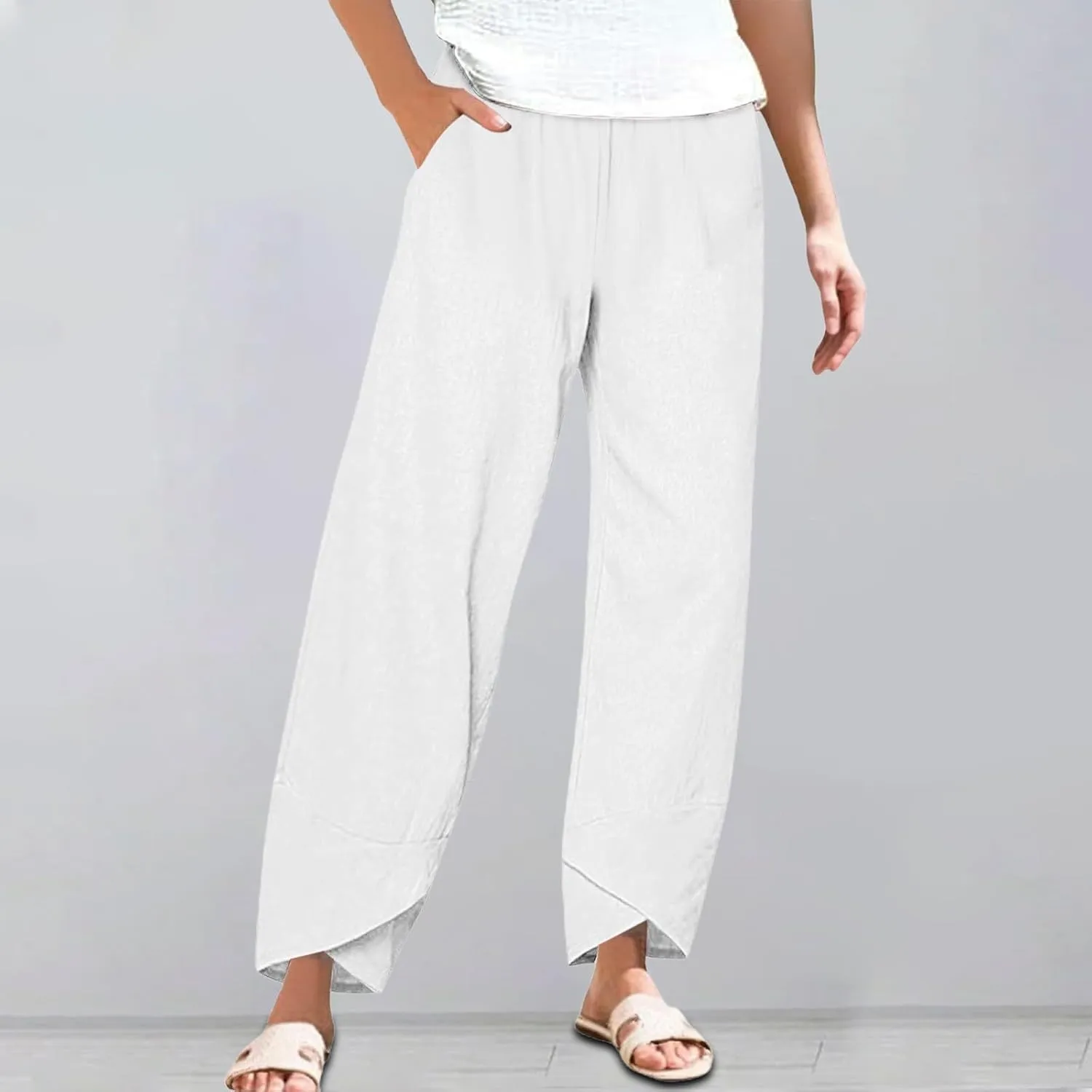 Women's Linen Palazzo Pants Leg Pants Elastic Drawstring Casual Trousers with Pockets Summer Beach Casual Lounge