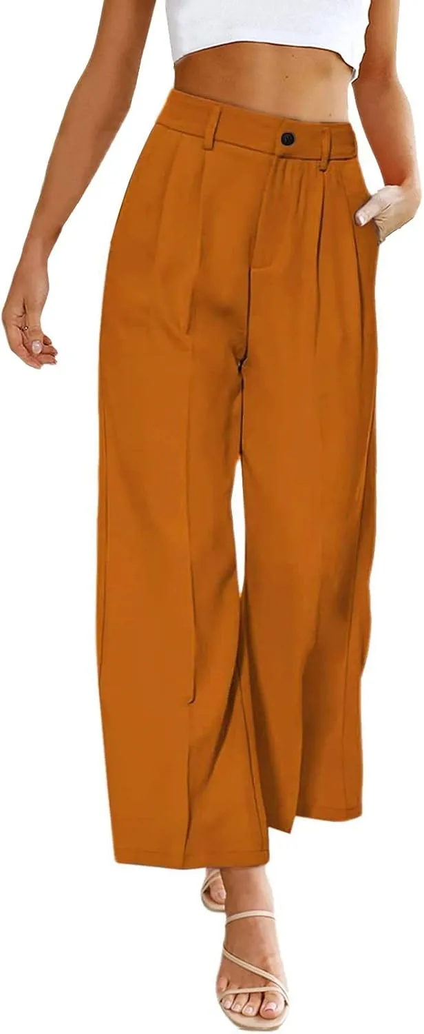 Women's Solid Casual Pocket Button High Waist Wide Leg Pants Casual Pants with Pockets