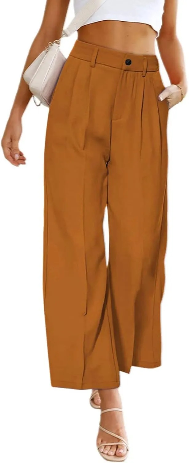 Women's Solid Casual Pocket Button High Waist Wide Leg Pants Casual Pants with Pockets
