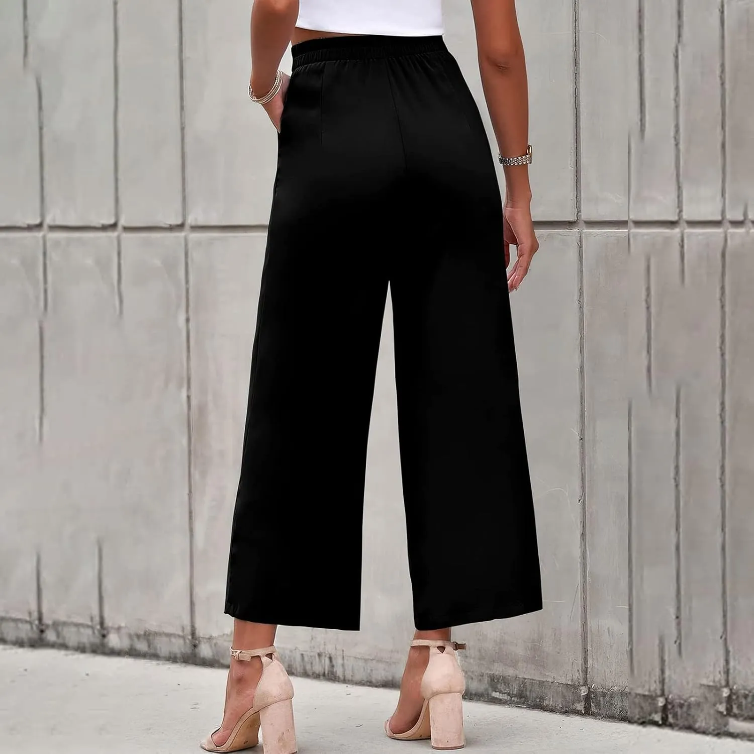 Women's Solid Casual Pocket Button High Waist Wide Leg Pants Casual Pants with Pockets