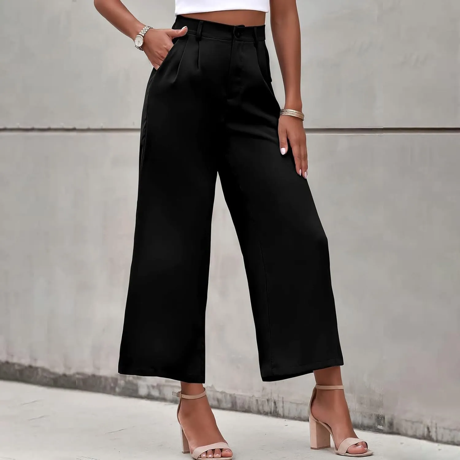 Women's Solid Casual Pocket Button High Waist Wide Leg Pants Casual Pants with Pockets