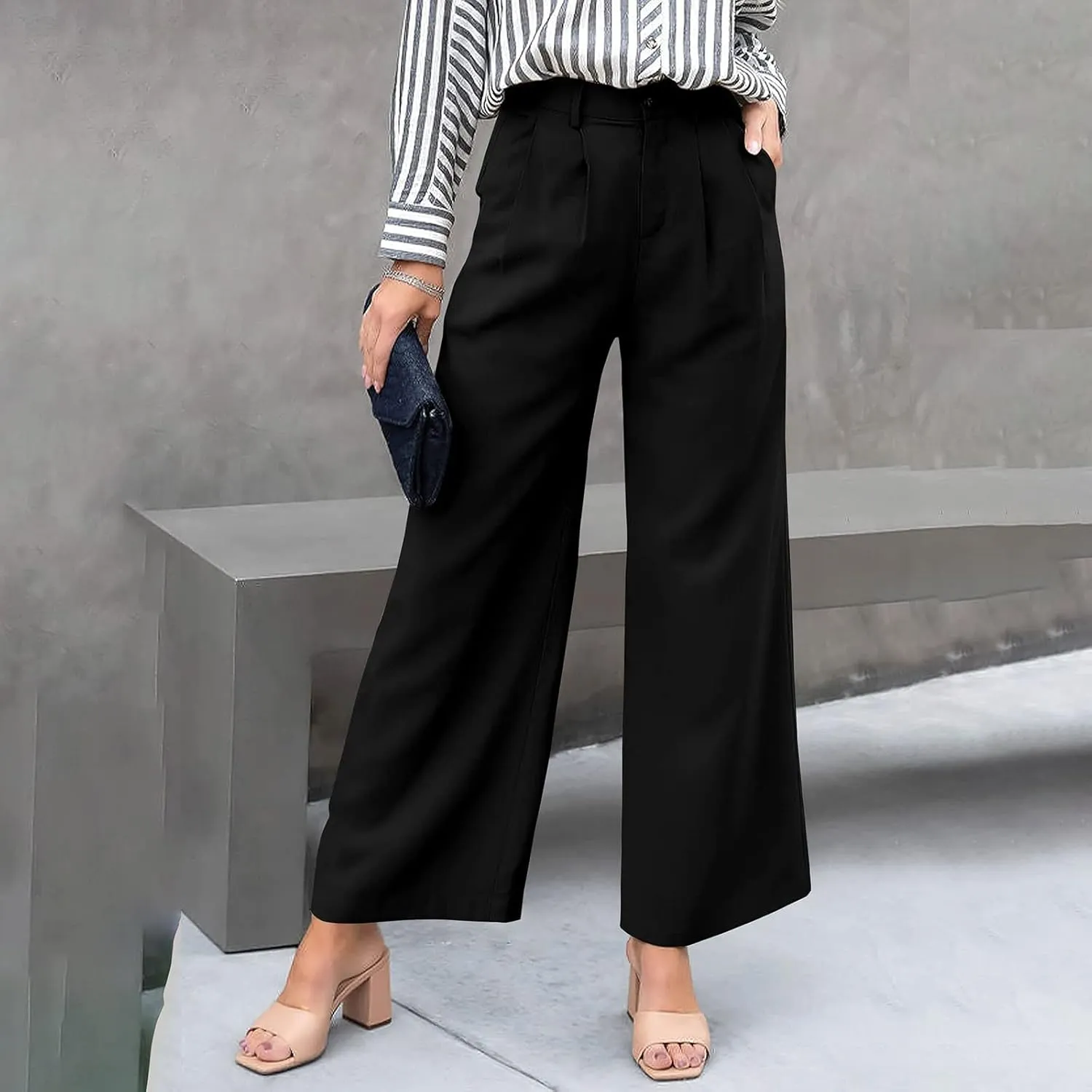 Women's Solid Casual Pocket Button High Waist Wide Leg Pants Casual Pants with Pockets