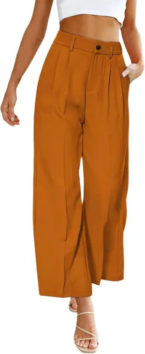 Women's Solid Casual Pocket Button High Waist Wide Leg Pants Casual Pants with Pockets