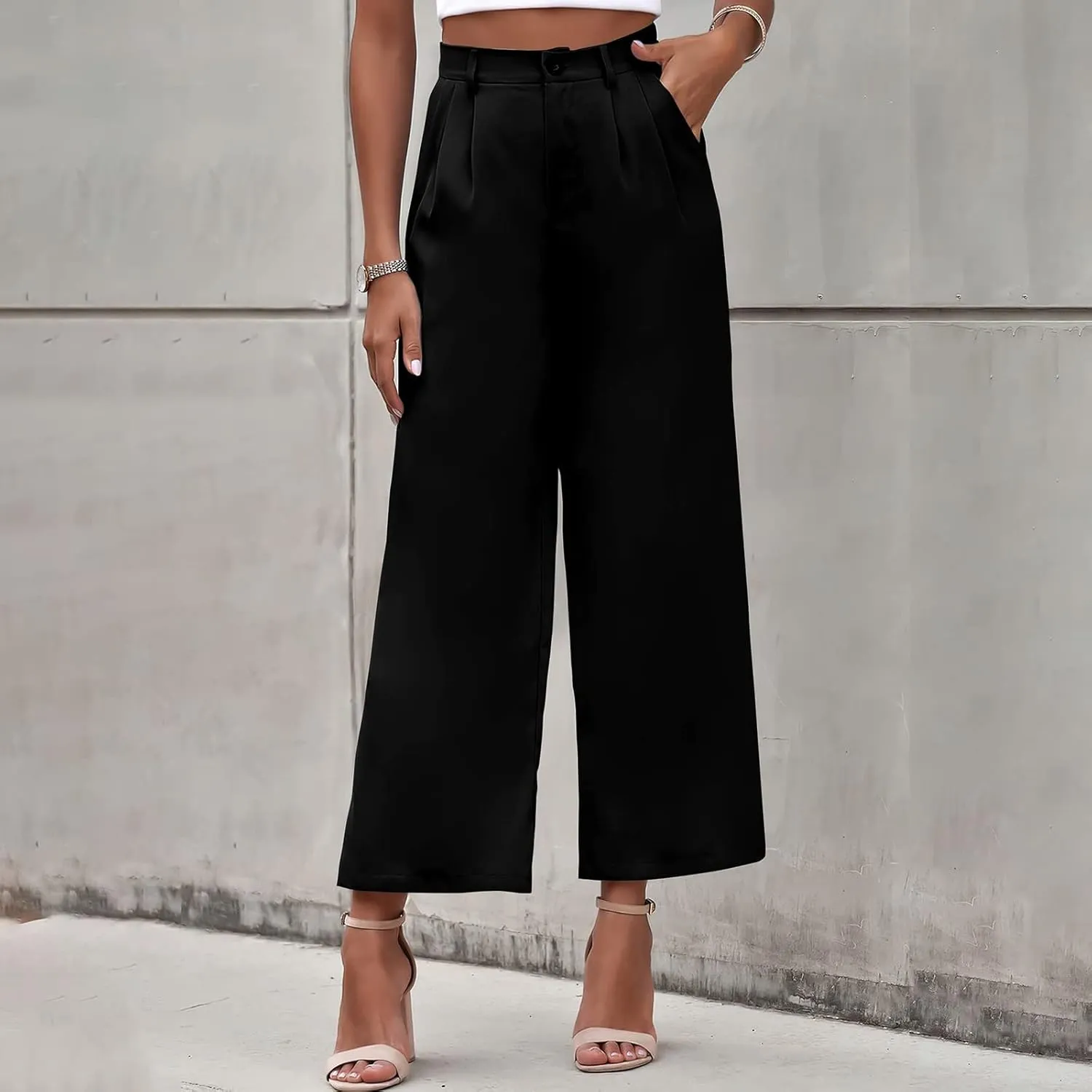 Women's Solid Casual Pocket Button High Waist Wide Leg Pants Casual Pants with Pockets