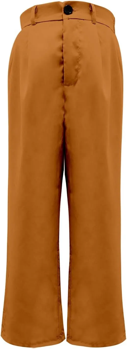 Women's Solid Casual Pocket Button High Waist Wide Leg Pants Casual Pants with Pockets