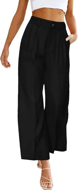 Women's Solid Casual Pocket Button High Waist Wide Leg Pants Casual Pants with Pockets