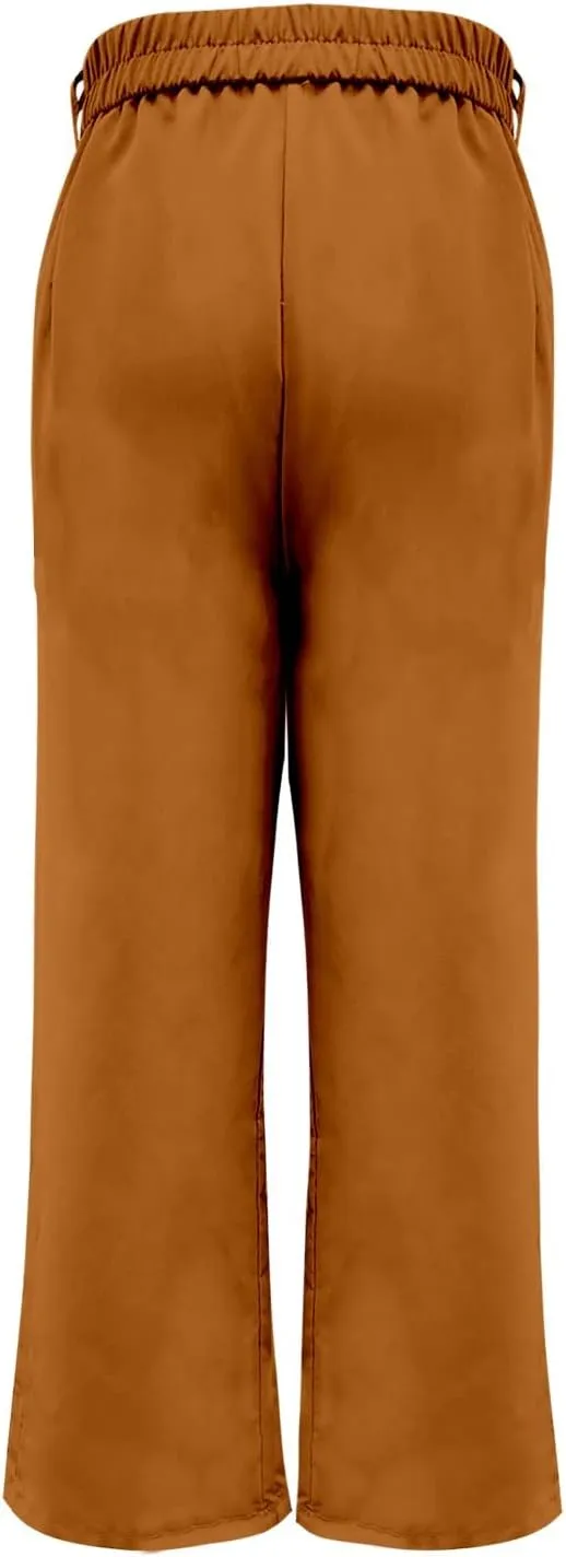 Women's Solid Casual Pocket Button High Waist Wide Leg Pants Casual Pants with Pockets