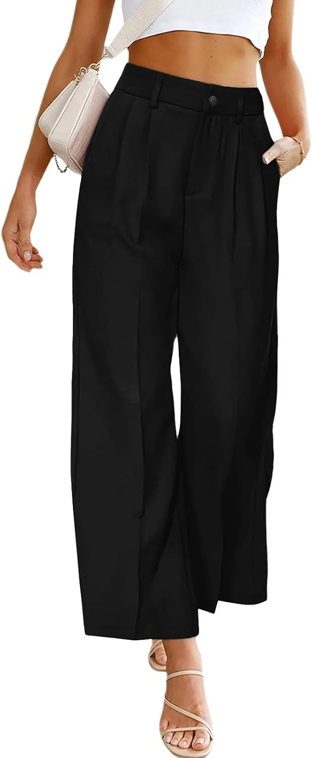 Women's Solid Casual Pocket Button High Waist Wide Leg Pants Casual Pants with Pockets