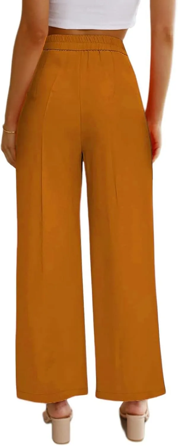 Women's Solid Casual Pocket Button High Waist Wide Leg Pants Casual Pants with Pockets