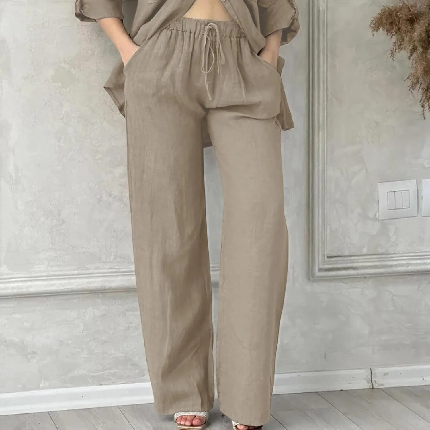 Women's Summer Casual Linen Pants Long Drawstring Women Waist Cotton Casual Pants Lightweight Loose Trousers