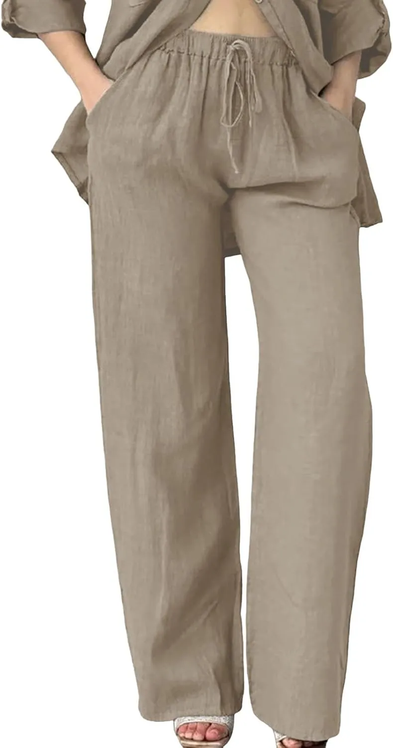 Women's Summer Casual Linen Pants Long Drawstring Women Waist Cotton Casual Pants Lightweight Loose Trousers