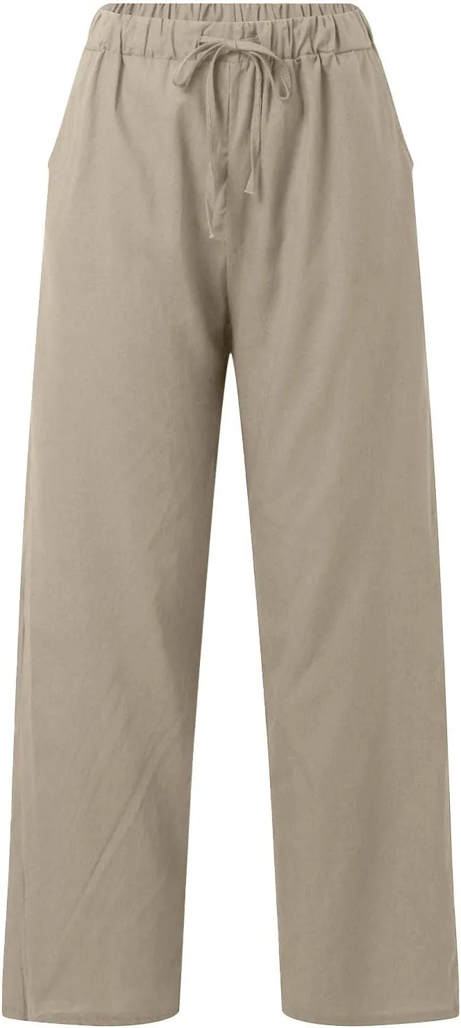 Women's Summer Casual Linen Pants Long Drawstring Women Waist Cotton Casual Pants Lightweight Loose Trousers