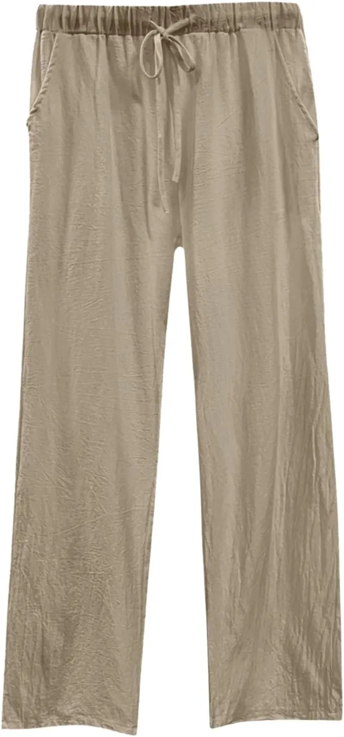 Women's Summer Casual Linen Pants Long Drawstring Women Waist Cotton Casual Pants Lightweight Loose Trousers