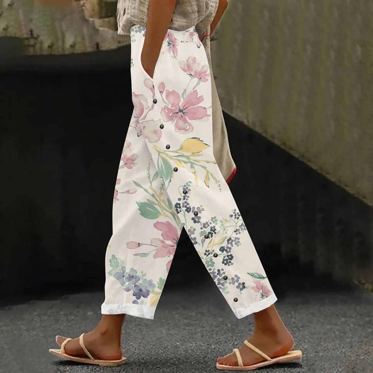 Women's Summer Casual Linen Pants Trousers Side Cropped Pants Loose Casual Printed Petite Summer Beachwear